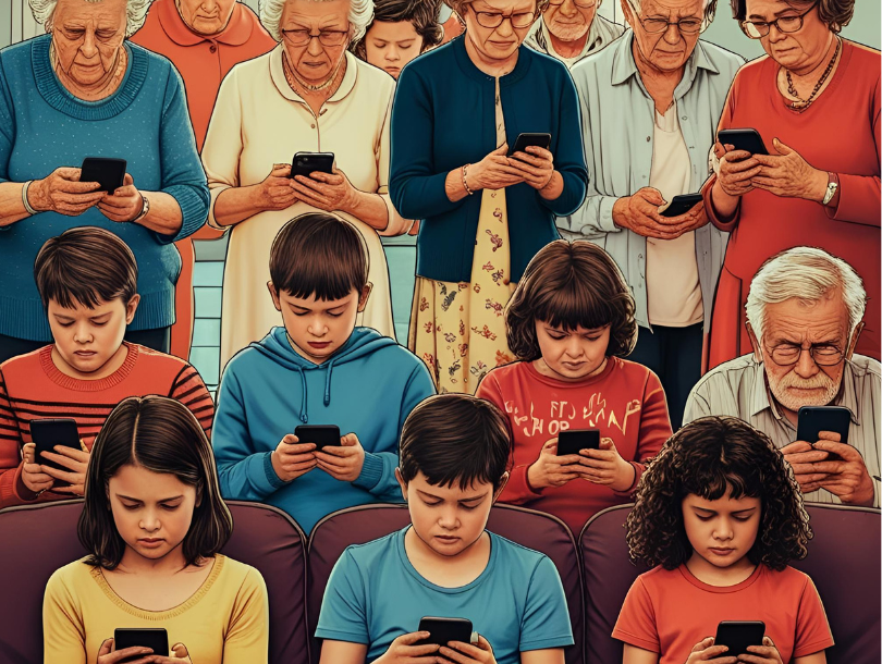 Verschiedene Generationen mit dem Handy in der Hand, realistisch, aber auch auffällig gezeichnet.